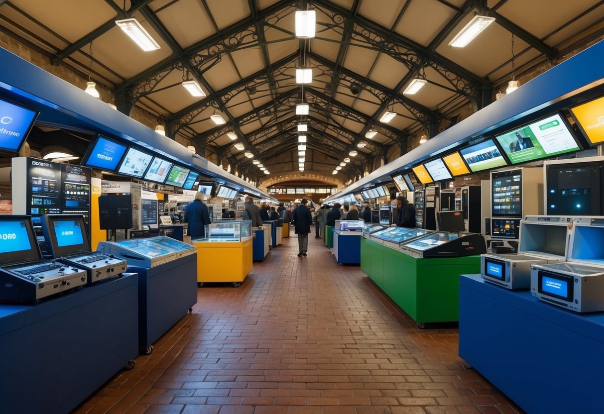 Un paysage audiovisuel public français animé, avec un équipement divers présenté dans un cadre de marché vibrant.