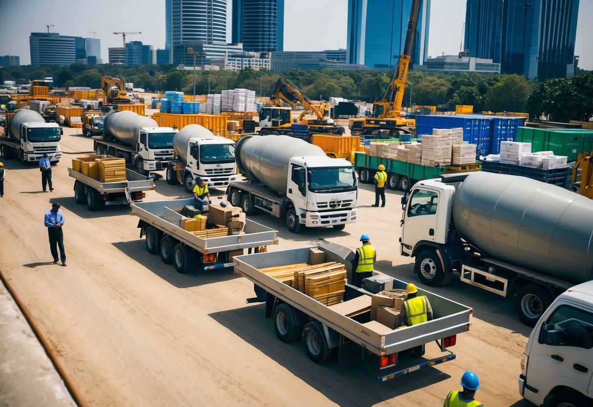 Un chantier animé avec des ouvriers déchargeant des matériaux des camions tandis que des vendeurs présentent leurs fournitures de construction à des responsables gouvernementaux.