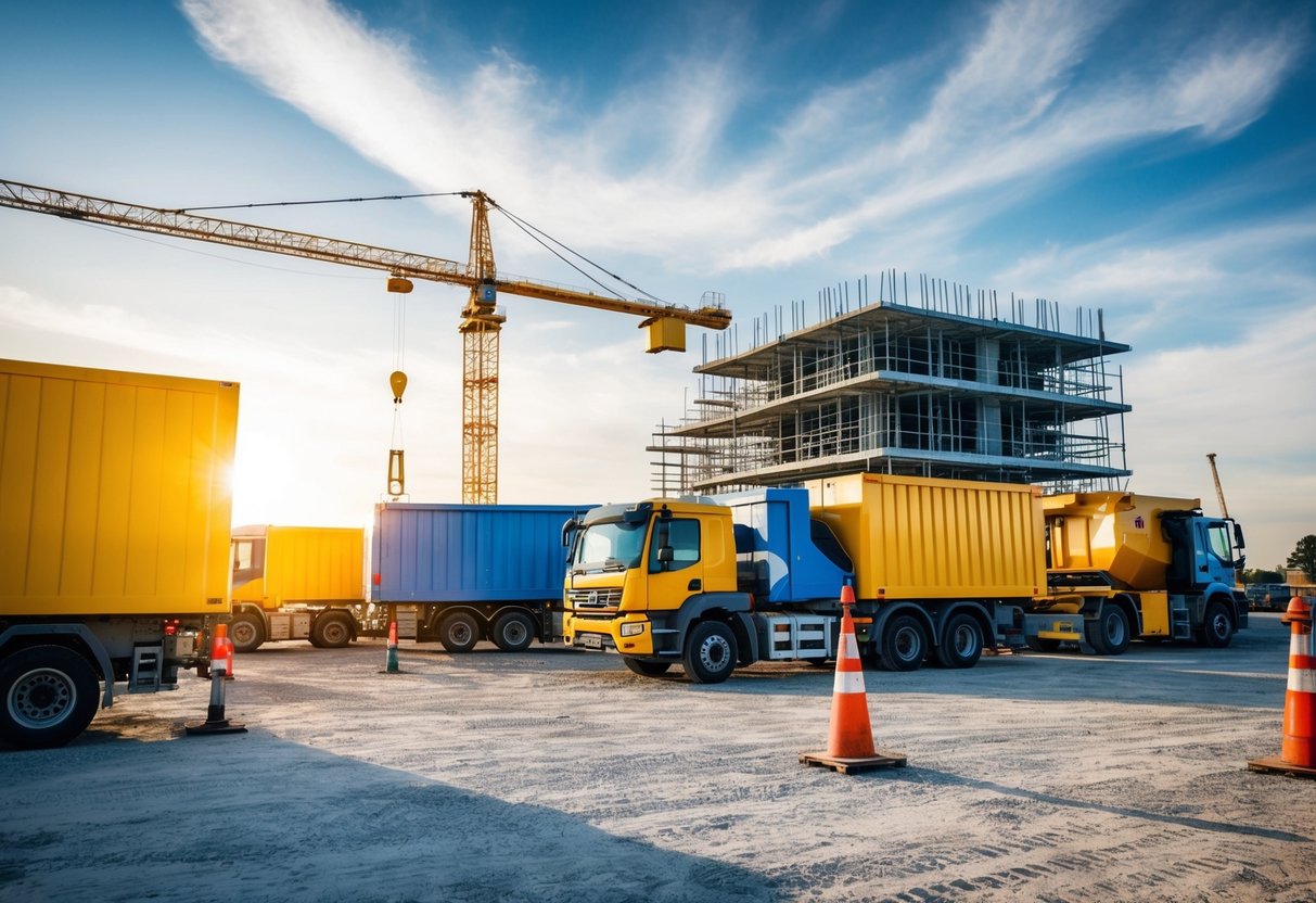 Un chantier animé avec des équipements et des matériaux innovants en cours de livraison, mettant en valeur la valeur ajoutée de l'offre d'approvisionnement.