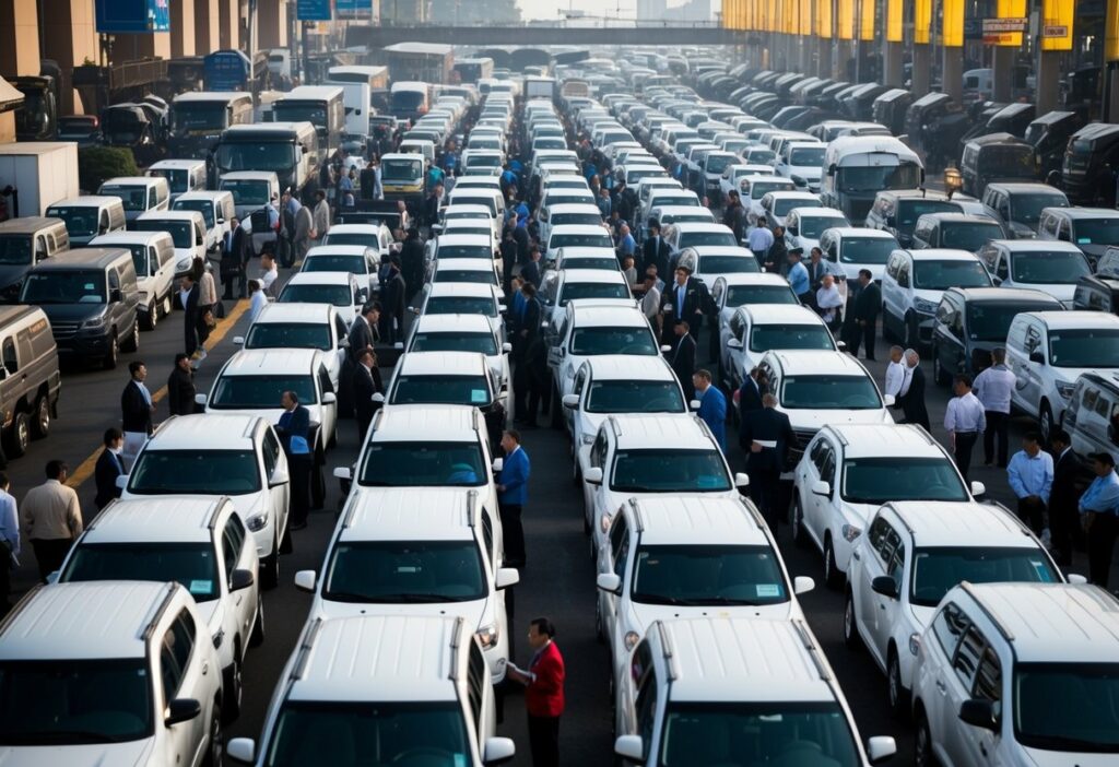 Un marché animé avec des rangées de véhicules exposés, entouré d