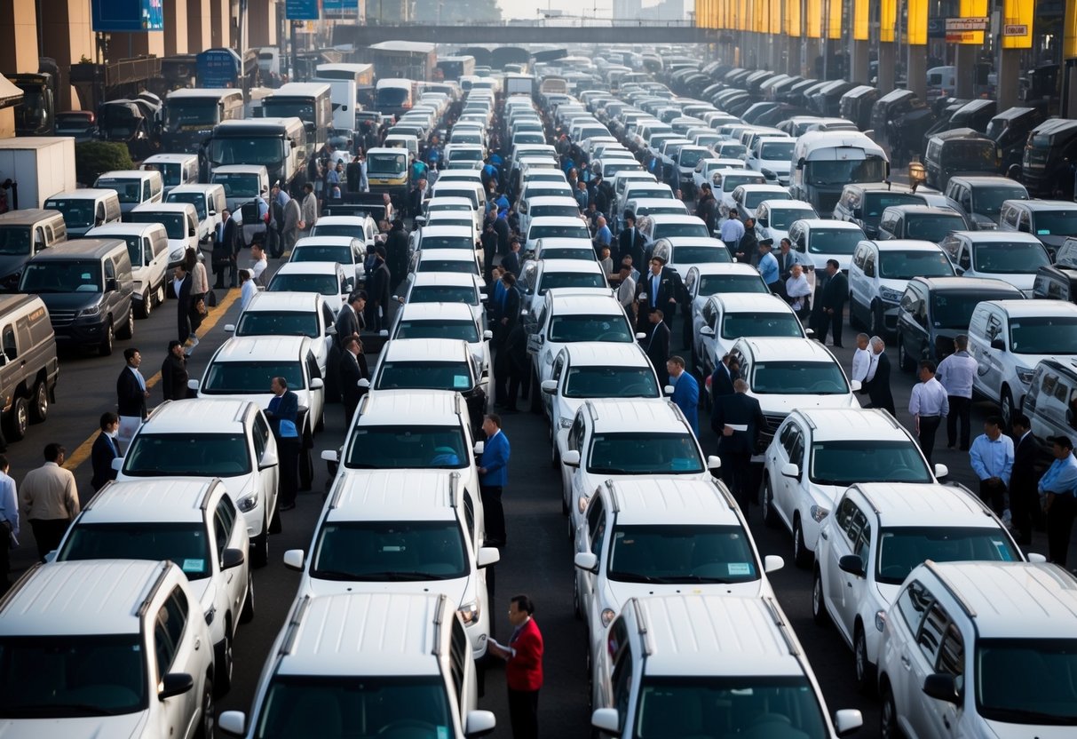 Un marché animé avec des rangées de véhicules exposés, entouré d'enchérisseurs enthousiastes et de fonctionnaires gouvernementaux examinant des propositions.