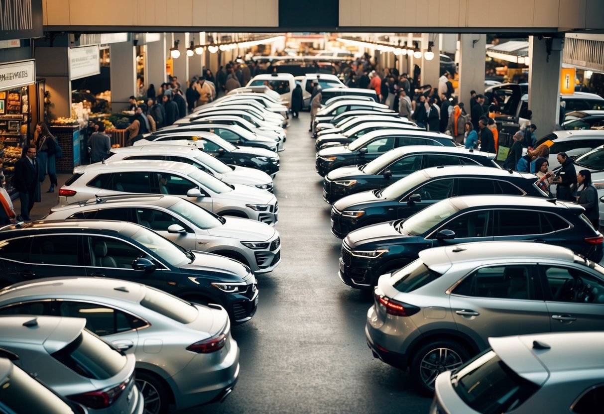 Un marché animé avec des rangées de véhicules élégants en exposition, entouré de vendeurs enthousiastes et d'acheteurs potentiels.