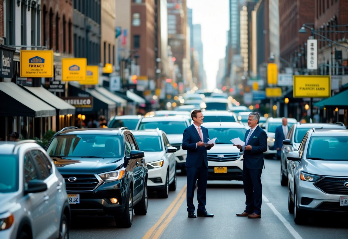 Une rue animée de la ville avec de petites entreprises exhibant leurs véhicules, tandis que des fonctionnaires examinent des propositions.