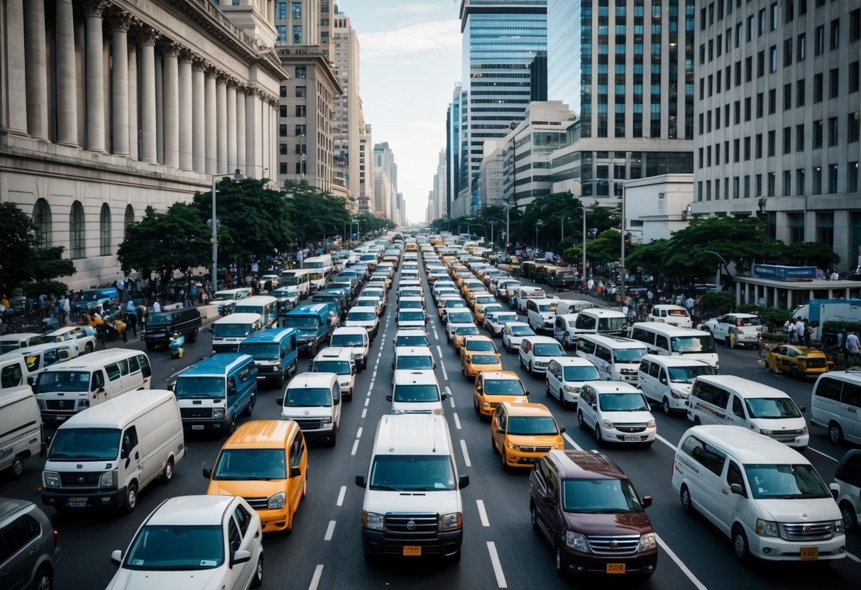 Une rue animée de la ville avec divers véhicules publics alignés, entourée de bâtiments gouvernementaux et de fonctionnaires