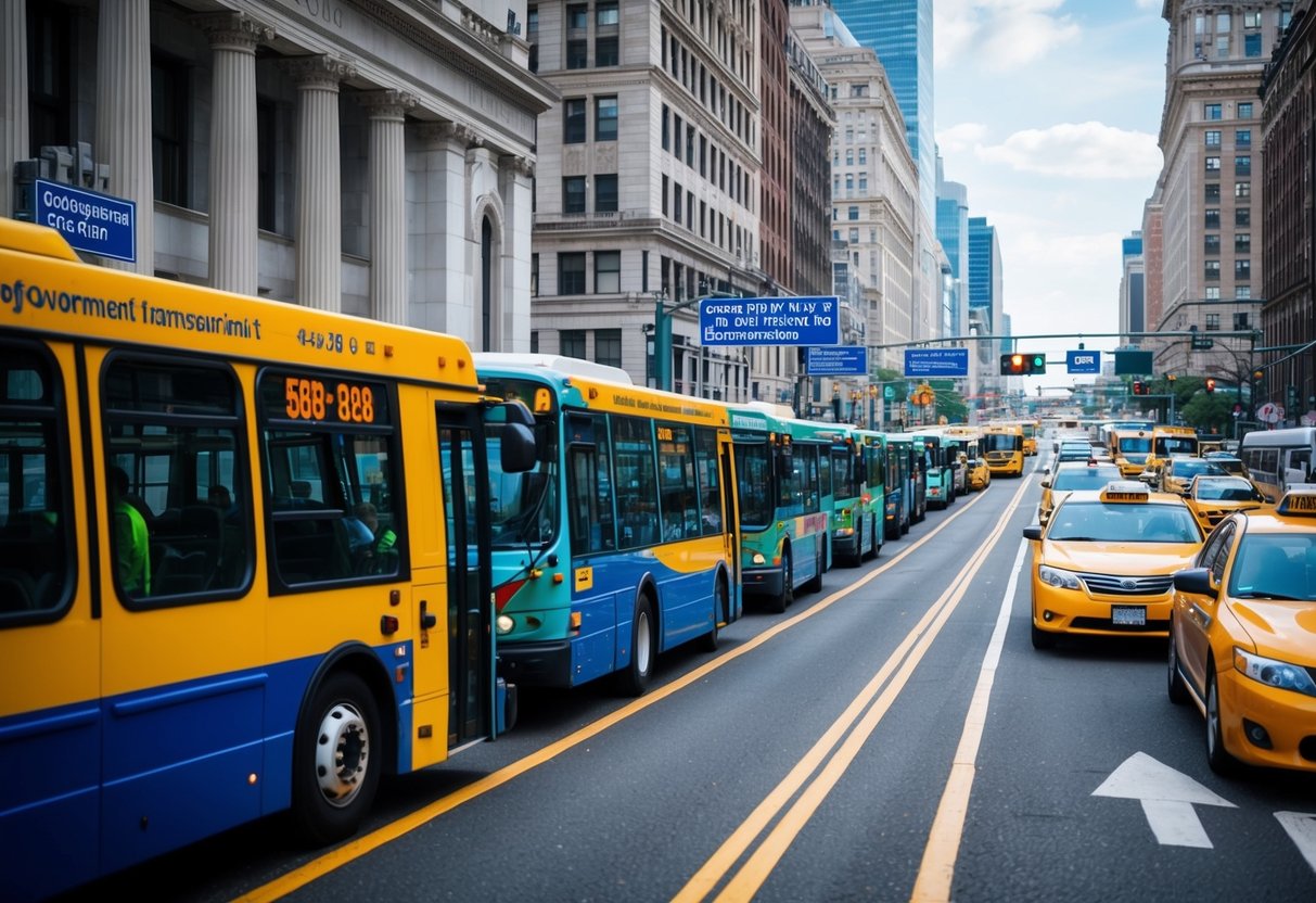 Une rue animée de la ville avec une file de bus colorés et de taxis, entourée de bâtiments gouvernementaux et de panneaux pour les transports en commun.