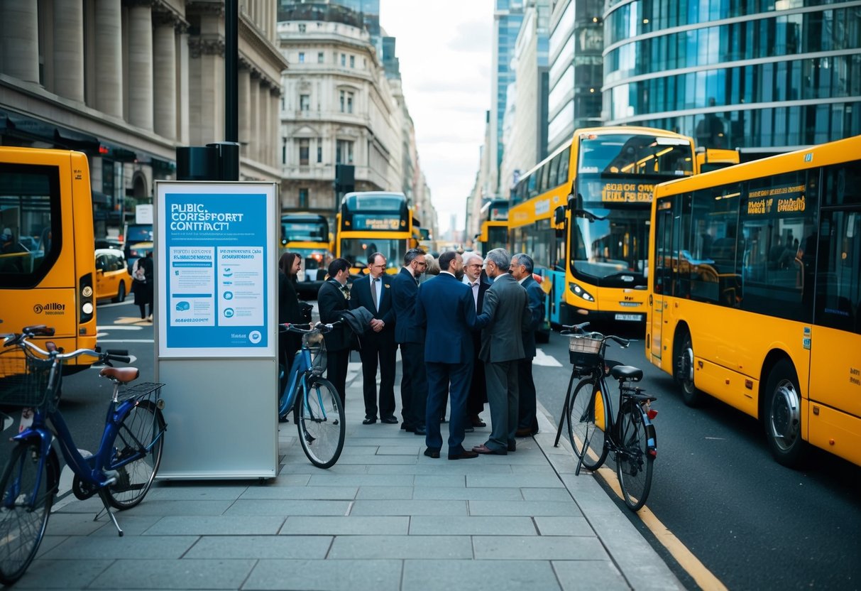 Une rue animée de la ville avec divers modes de transport, y compris des bus, des taxis et des bicyclettes. Un groupe de personnes est rassemblé autour d'un tableau d'affichage avec des informations sur les contrats de transport public.