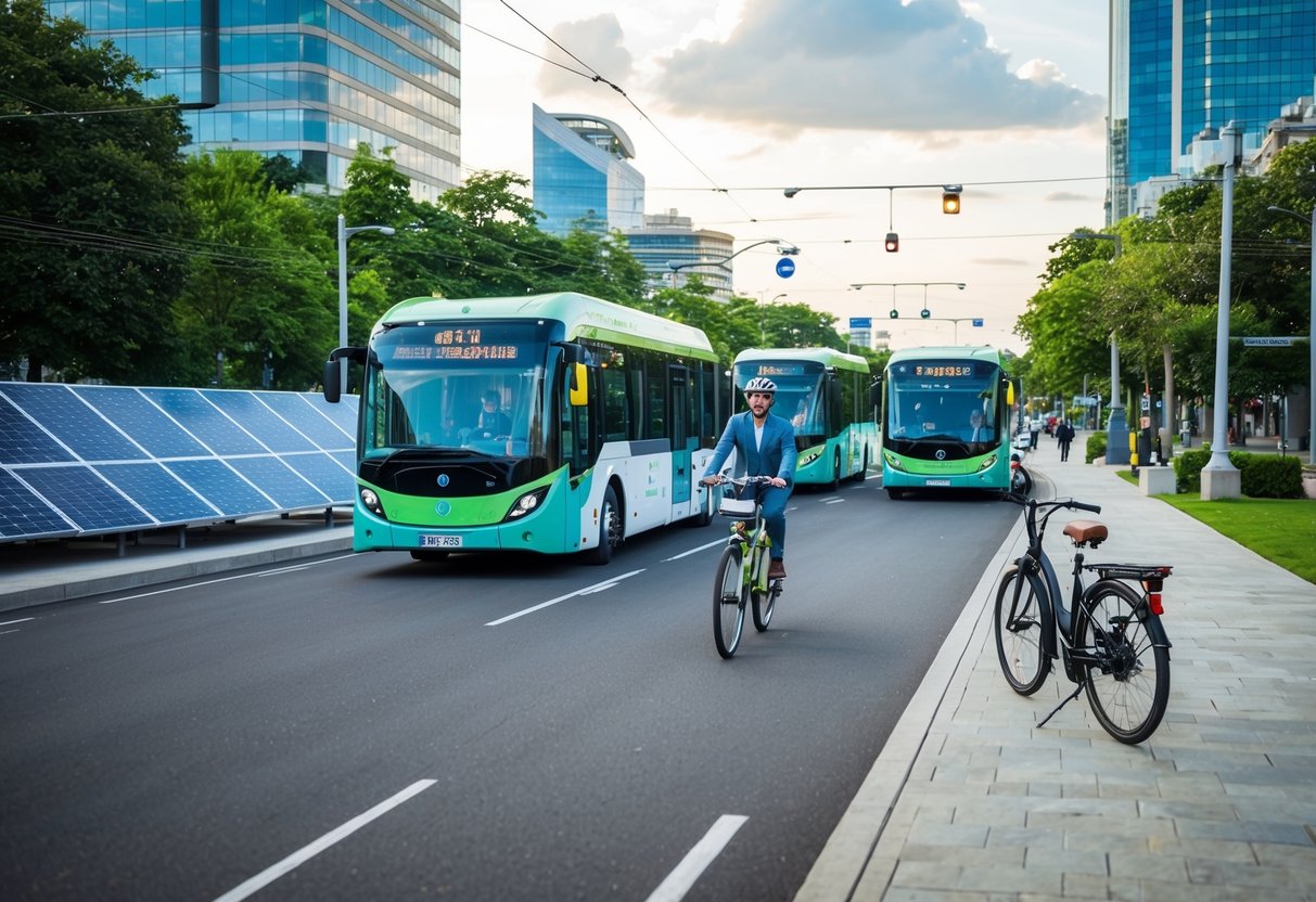 Une rue animée de la ville avec des bus électriques et des bicyclettes, entourée d'espaces verts et de panneaux solaires, mettant en avant des transports durables pour les contrats publics.