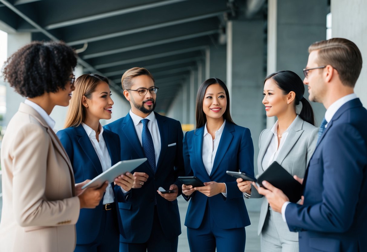Un groupe de personnes en tenue professionnelle discutant des opportunités de partenariat et de sous-traitance pour des contrats de transport public