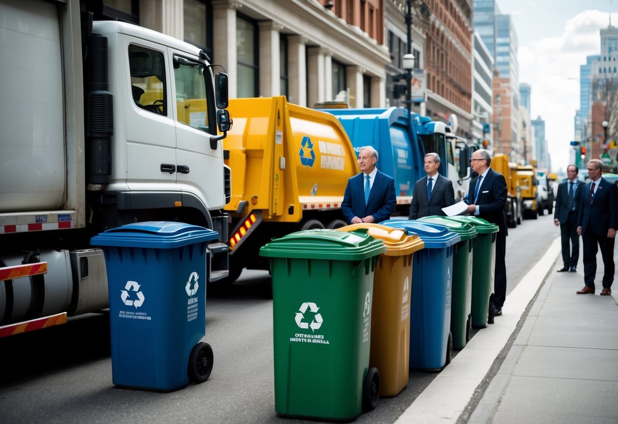 Une rue animée de la ville avec des bacs de recyclage et des camions poubelles, alors que des responsables publics discutent des besoins et des attentes en matière de gestion des déchets.