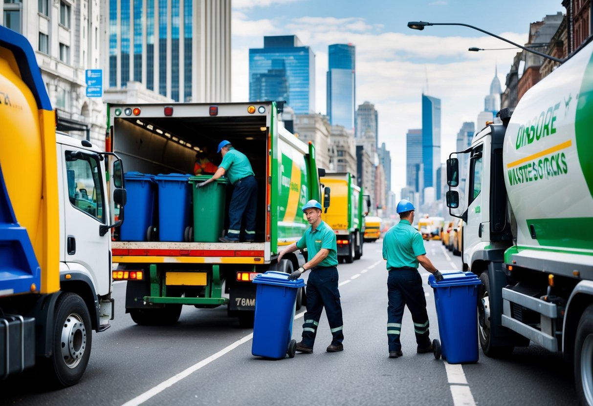 Une rue animée de la ville avec des camions de collecte des déchets et des travailleurs en uniforme vidant des bacs à l'arrière des camions. Une ligne d'horizon de la ville en arrière-plan.