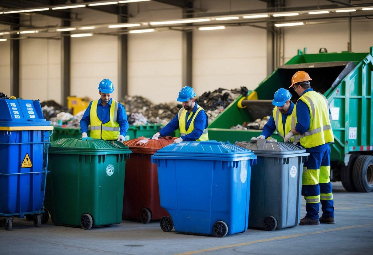 Un centre de gestion des déchets animé avec des travailleurs triant, traitant et compactant divers types de déchets dans des conteneurs désignés pour la collecte.