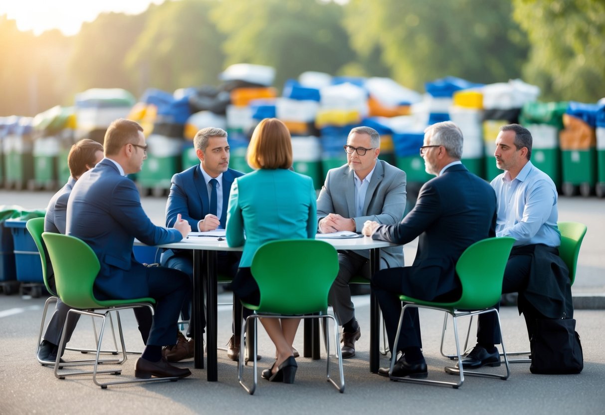 Un groupe de parties prenantes locales discutant de la collecte et du traitement des déchets, avec un accent sur l'obtention de contrats publics.