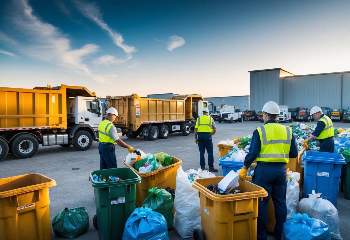 Une installation de gestion des déchets animée avec des camions déchargeant et des travailleurs triant les matériaux recyclables, tandis qu'un responsable examine les rapports d'efficacité.