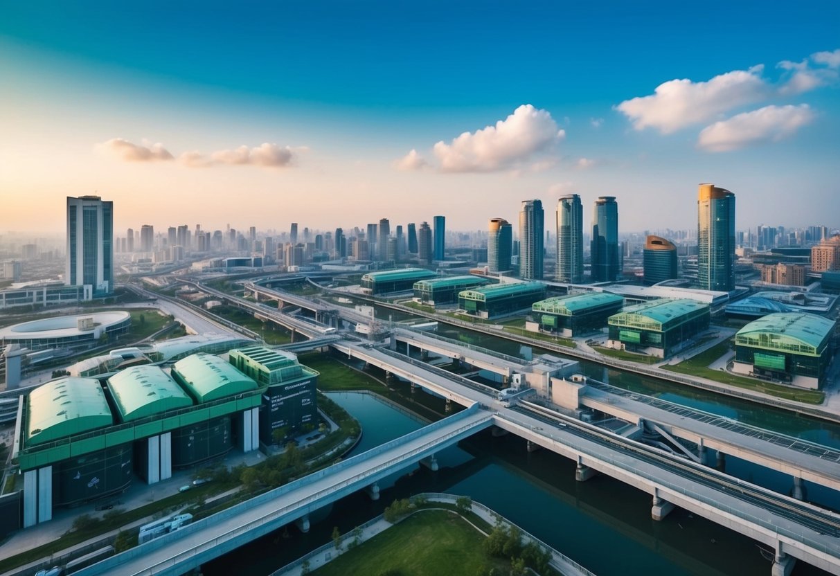 Un paysage urbain animé avec des installations modernes de gestion des déchets et des technologies écologiques innovantes en action.
