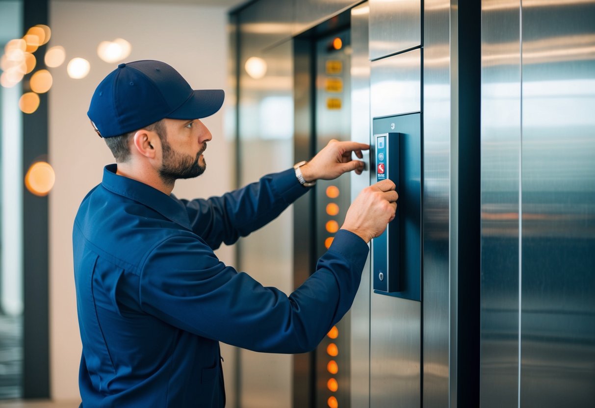 Un technicien inspectant et entretenant l'équipement des ascenseurs dans un bâtiment moderne