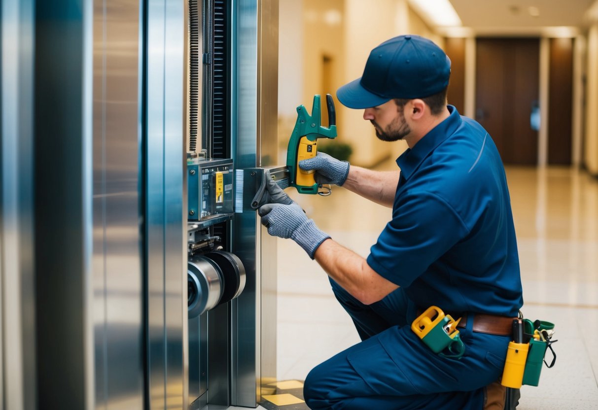 Un technicien de maintenance utilisant des matériaux durables et des outils accessibles pour réparer un ascenseur dans un bâtiment public