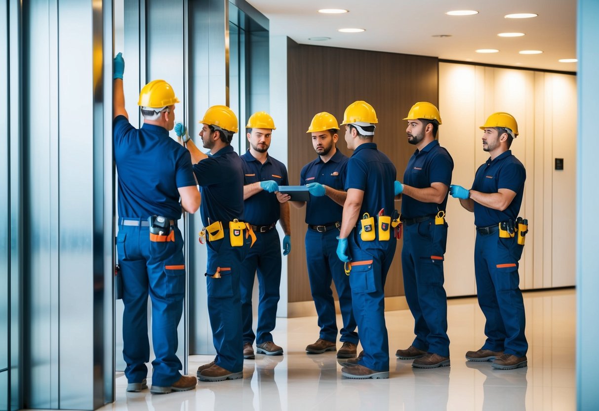 Un groupe de travailleurs de maintenance coordonnant efficacement les réparations et l'entretien des ascenseurs dans un immeuble de bureaux moderne