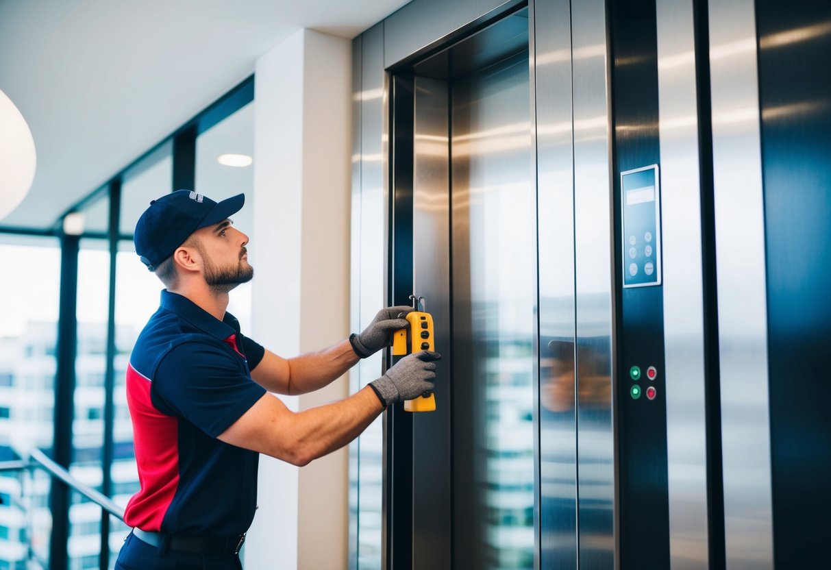 Un technicien effectuant l'entretien d'un ascenseur dans un bâtiment moderne