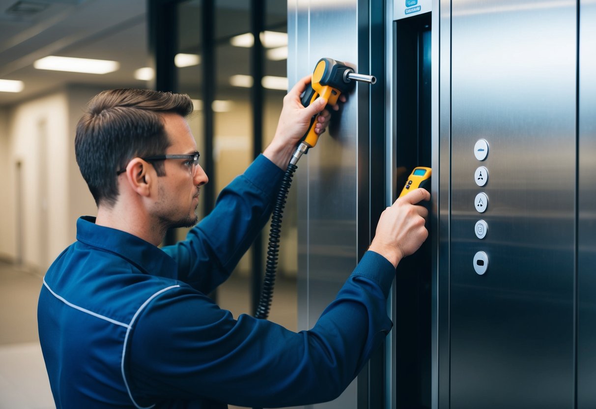 Un technicien utilisant des outils avancés pour entretenir un ascenseur moderne, avec un accent sur la technologie innovante