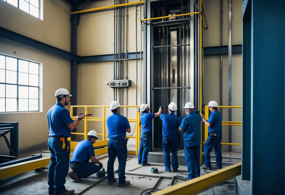Un bâtiment industriel avec plusieurs ascenseurs nécessitant un entretien, entouré d'une équipe de travailleurs inspectant et réparant la machinerie.