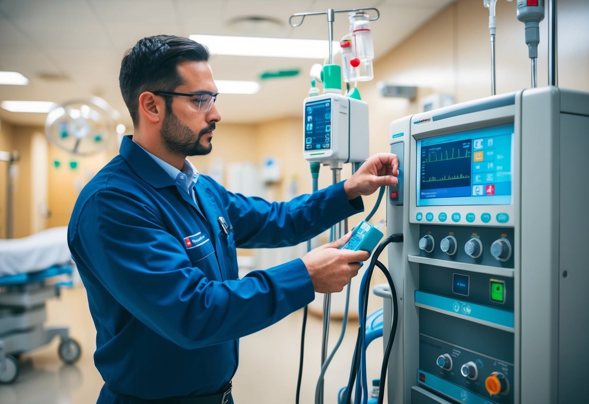 Un technicien inspectant et effectuant l'entretien d'équipements médicaux dans un environnement hospitalier