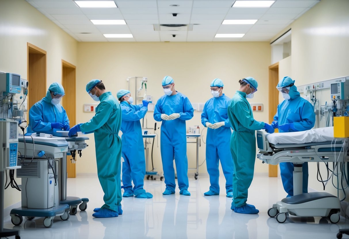 Un groupe de techniciens en tenue de protection entretenant et réparant divers équipements médicaux dans un environnement hospitalier propre et organisé.