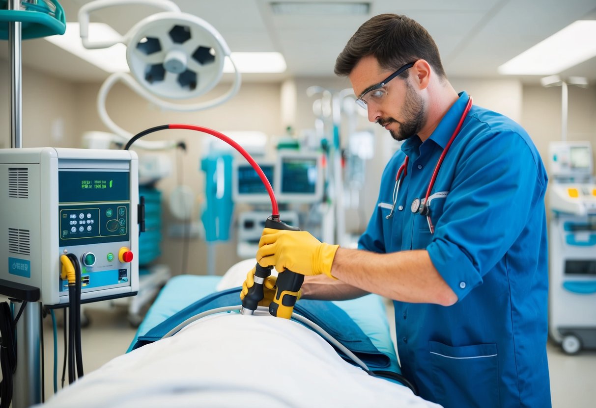 Un technicien utilisant des outils avancés pour entretenir des équipements médicaux dans un environnement hospitalier