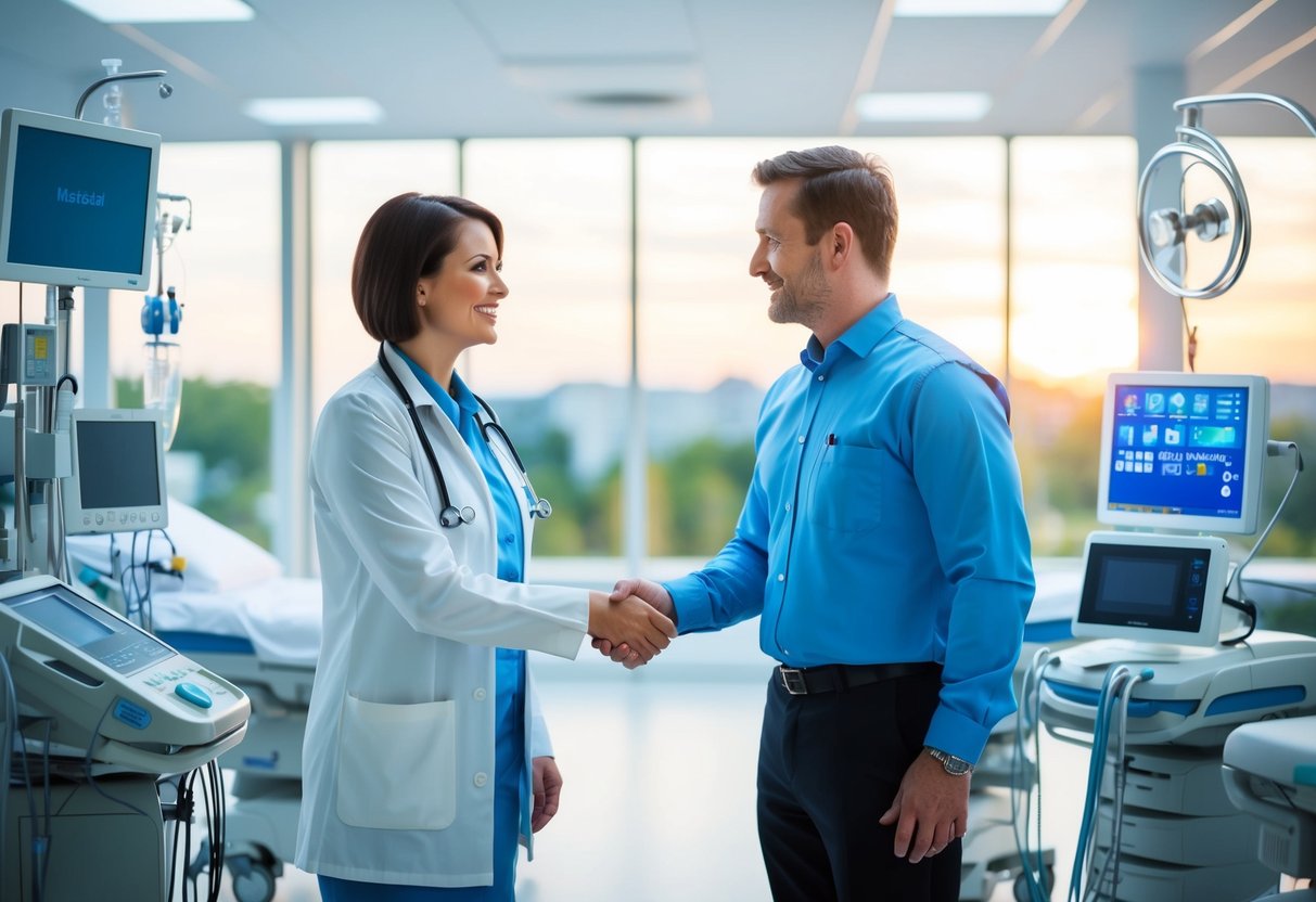 Un administrateur d'hôpital serrant la main d'un représentant d'une entreprise de maintenance d'équipement médical, entouré d'équipements médicaux.