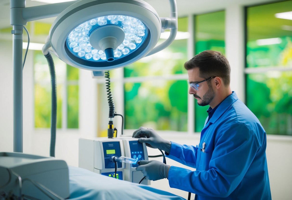 Un technicien effectuant l'entretien d'équipements médicaux dans une installation moderne et économe en énergie, axée sur la durabilité environnementale.