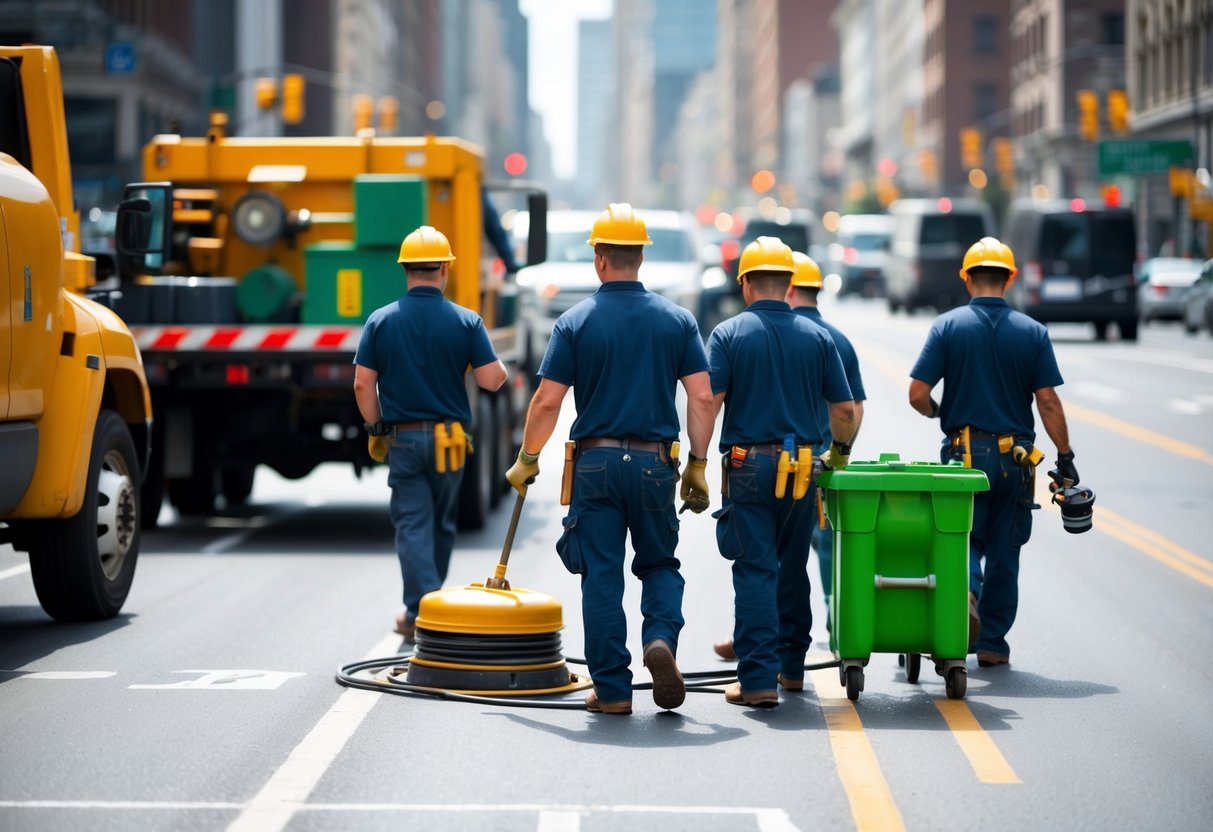 Une équipe de travailleurs entretenant une rue animée de la ville, avec de l'équipement et des véhicules en arrière-plan.