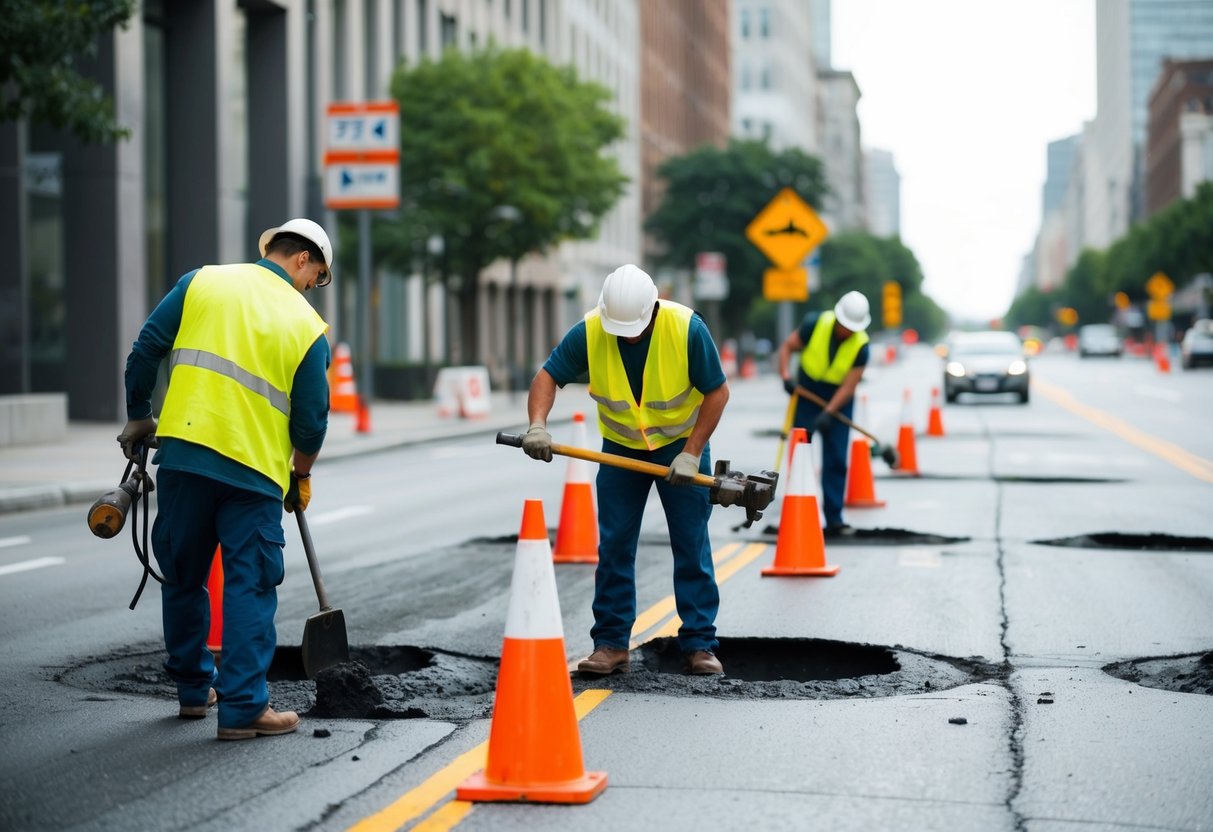 Une rue de la ville avec des travailleurs réparant des nids-de-poule et entretenant des panneaux de signalisation