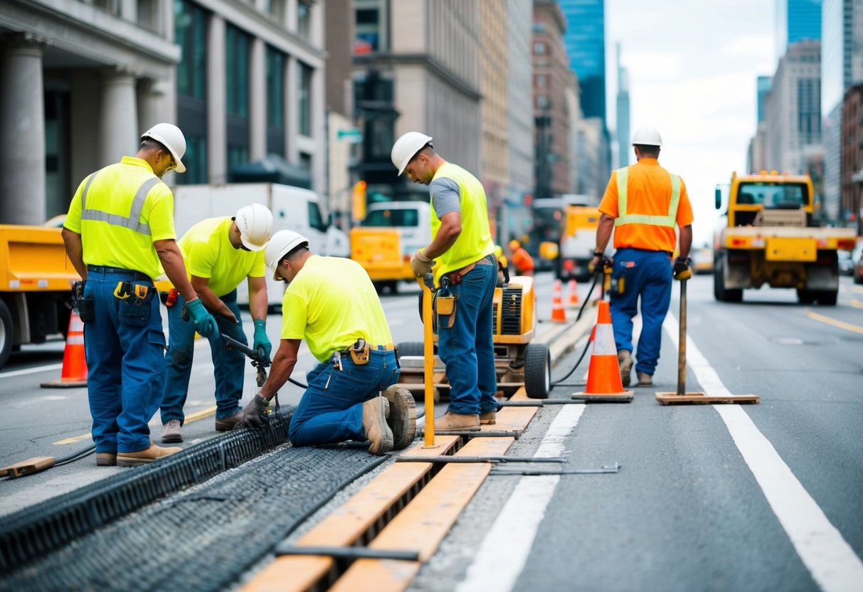 Une équipe de travailleurs réparant et entretenant une rue animée de la ville, avec des véhicules de construction et de l'équipement présents.