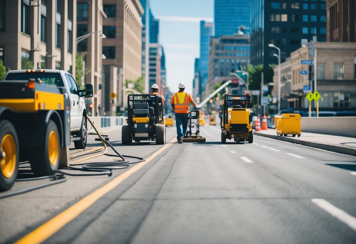 Une rue de la ville avec des équipements de maintenance et des travailleurs, entourée de bâtiments et d'infrastructures. Un accent clair sur le processus de maintenance des routes et des trottoirs.