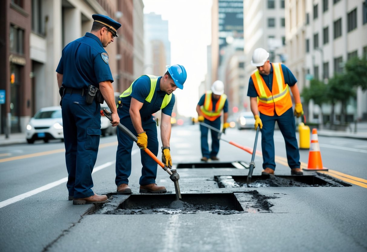 Une rue de la ville avec des ouvriers d'entretien réparant des nids-de-poule sous l'œil attentif d'un agent de conformité réglementaire