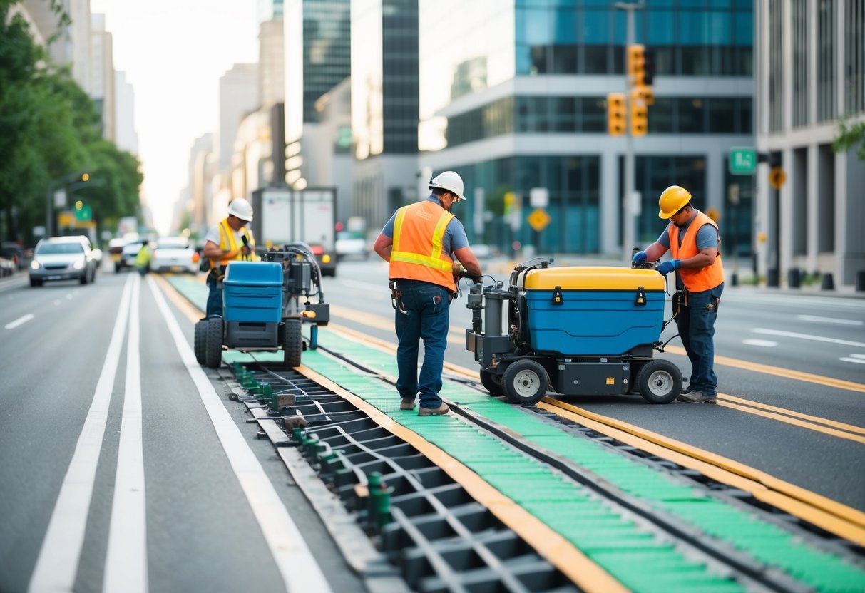 Une rue de la ville avec des travailleurs utilisant des équipements de maintenance durables et des techniques innovantes pour réparer et entretenir les routes.