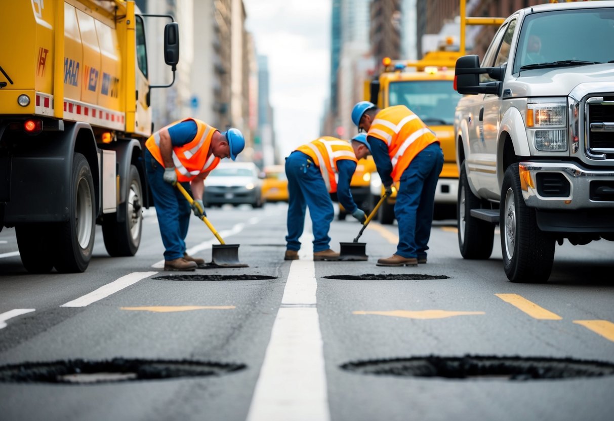 Une rue de la ville avec des véhicules de maintenance et des travailleurs réparant des nids-de-poule et repeignant les marquages routiers