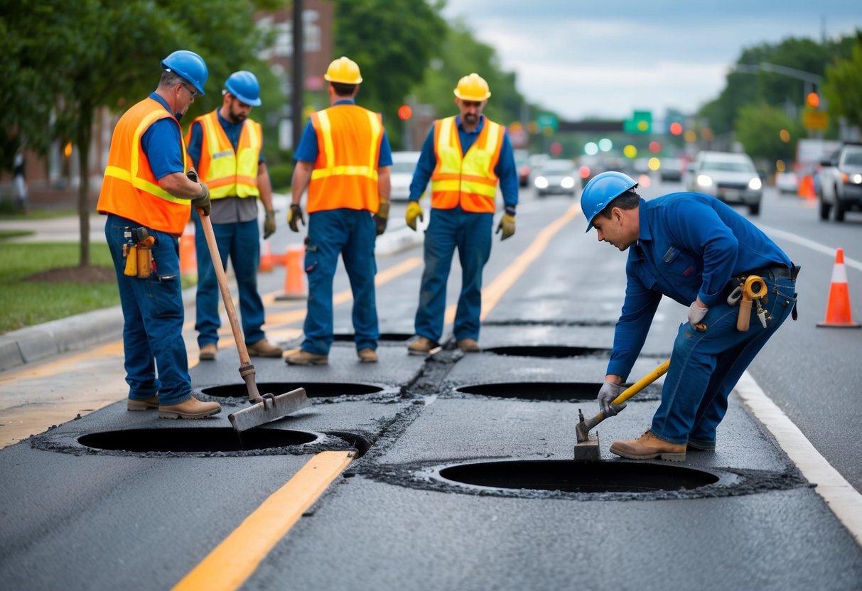 Un groupe de travailleurs entretient une rue animée, réparant les nids-de-poule et resurfacent la route sous l'œil attentif d'un superviseur.