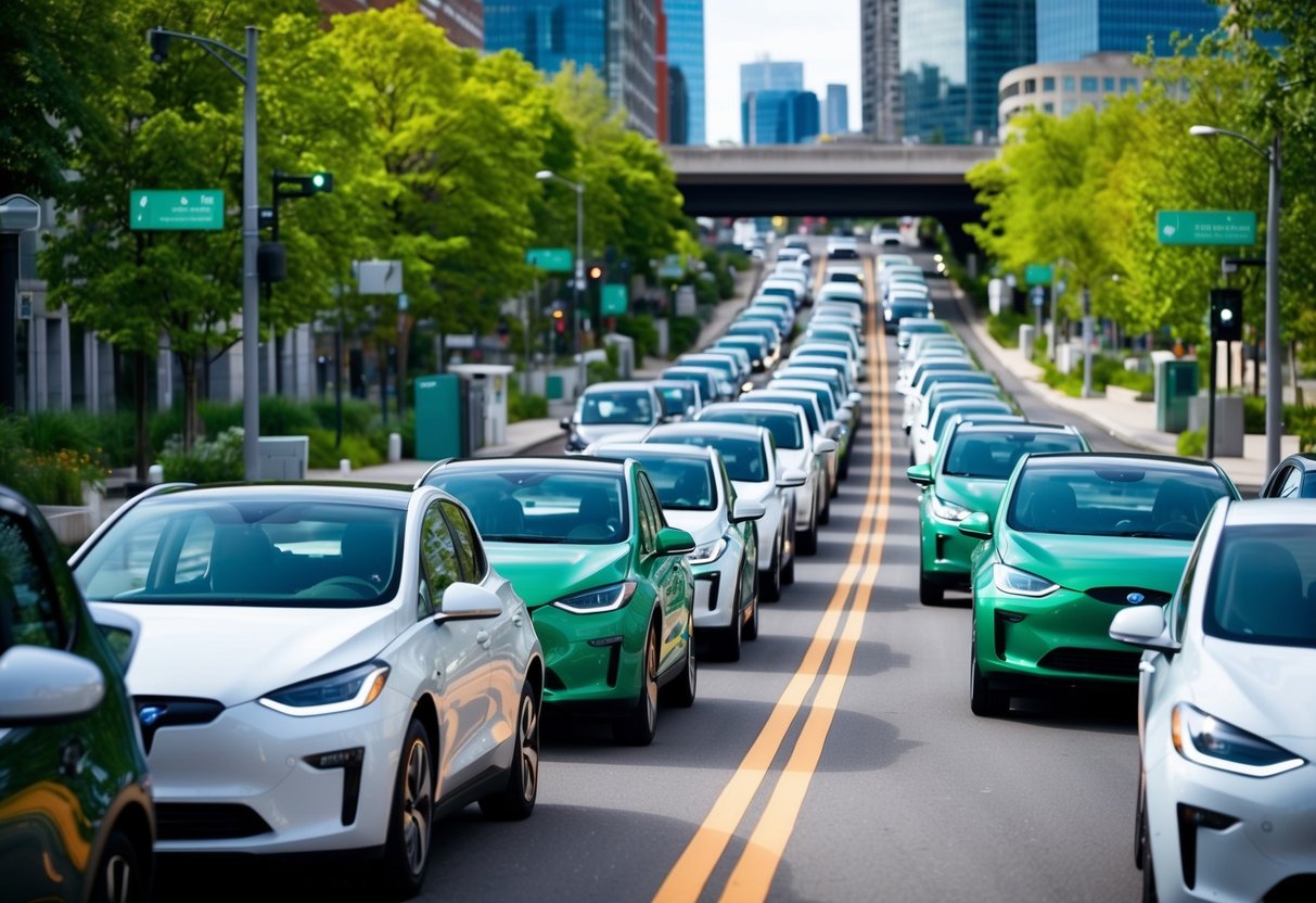 Une rue animée de la ville avec des voitures électriques alignées le long de la route, entourée d'espaces verts et de sources d'énergie renouvelable.