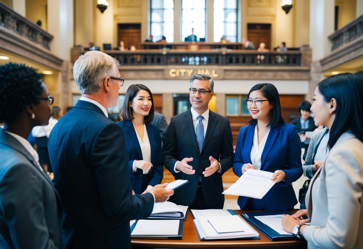 Une mairie animée avec des gens en discussion, tandis qu'un vendeur présente une proposition détaillée pour la gestion des archives.