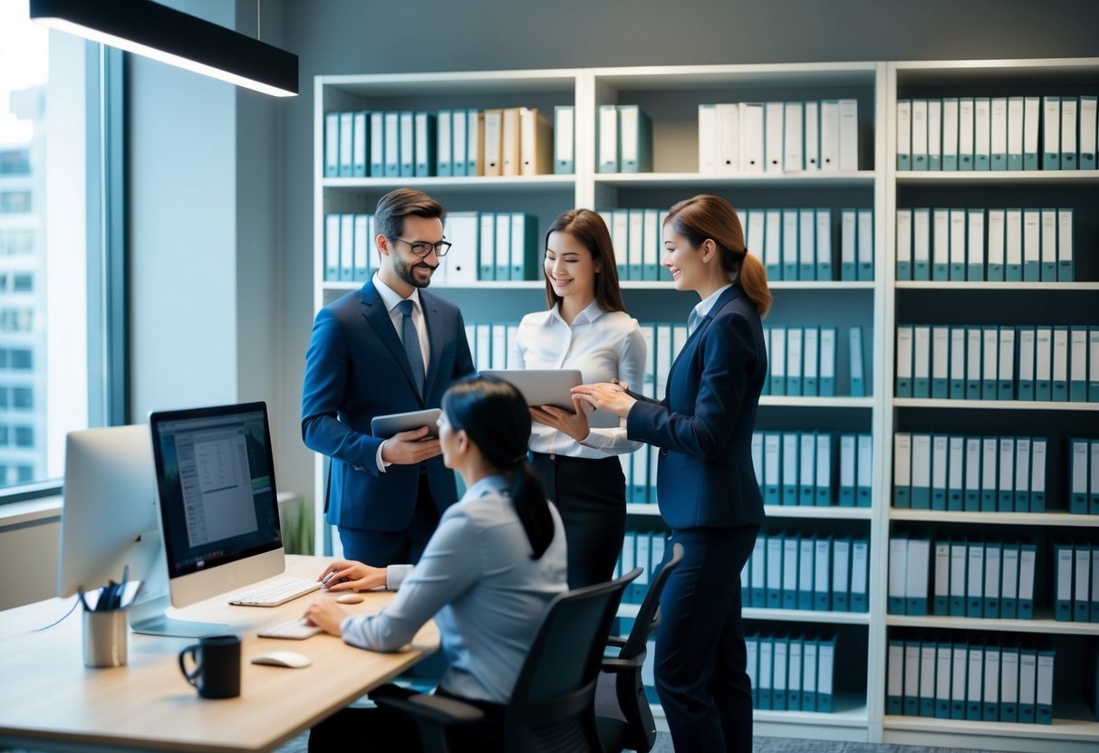 Un bureau moderne avec des étagères de dossiers soigneusement organisés et un poste de travail informatique. Une équipe de professionnels collaborant sur des solutions de gestion d'archives numériques.