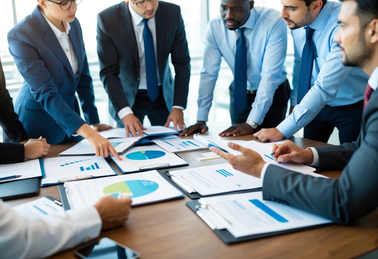Un groupe de professionnels discutant et élaborant des stratégies autour d'une table, avec des documents et des dossiers étalés devant eux