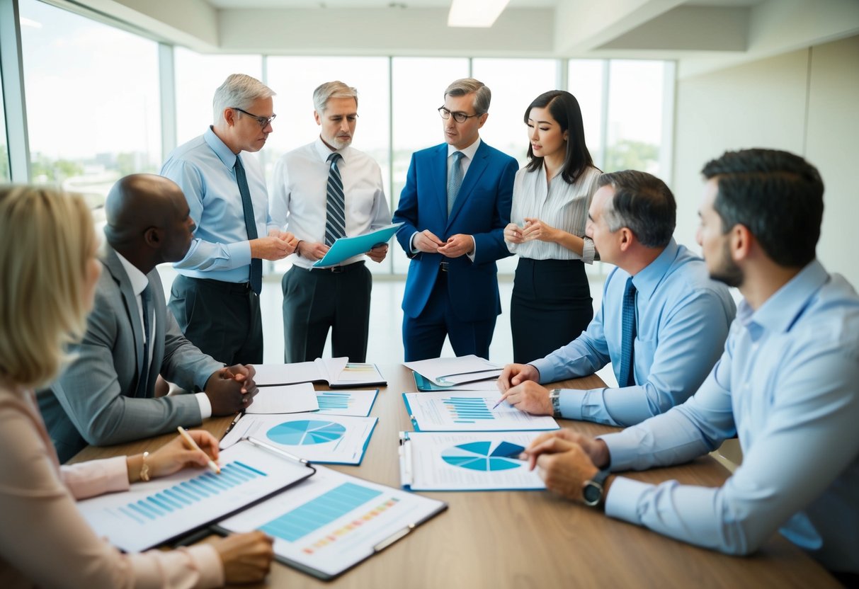 Un groupe de responsables discutant des besoins et des exigences pour la gestion des crèches et des centres de loisirs locaux, avec des graphiques et des documents étalés sur une table.