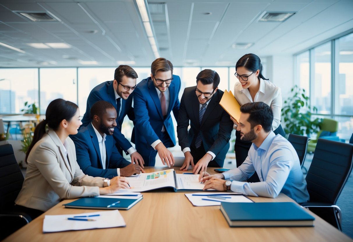 Un bureau animé avec une équipe de professionnels collaborant sur un dossier de candidature complet et impressionnant pour la gestion des crèches et des installations récréatives.