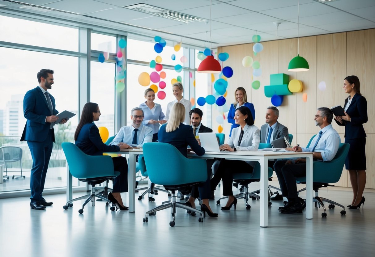Un bureau animé avec du personnel gérant les opérations de garde d'enfants et de centre de loisirs, élaborant des stratégies pour remporter des contrats publics.