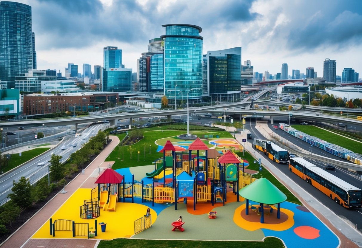 Une ville animée avec des aires de jeux colorées et des structures de garde d'enfants, entourée d'infrastructures modernes et de systèmes de transport efficaces.