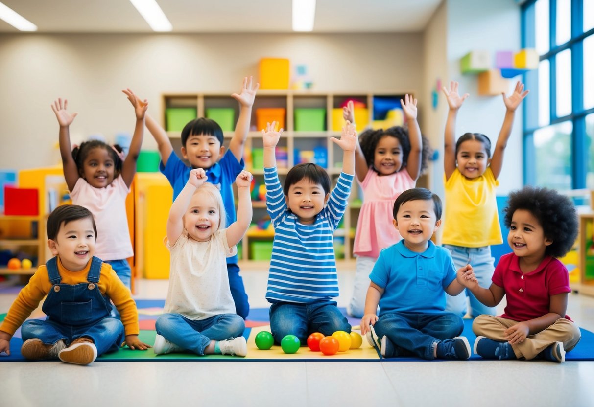 Un groupe diversifié d'enfants jouant joyeusement dans une garderie bien équipée et inclusive, entourée d'un environnement sûr et accueillant.