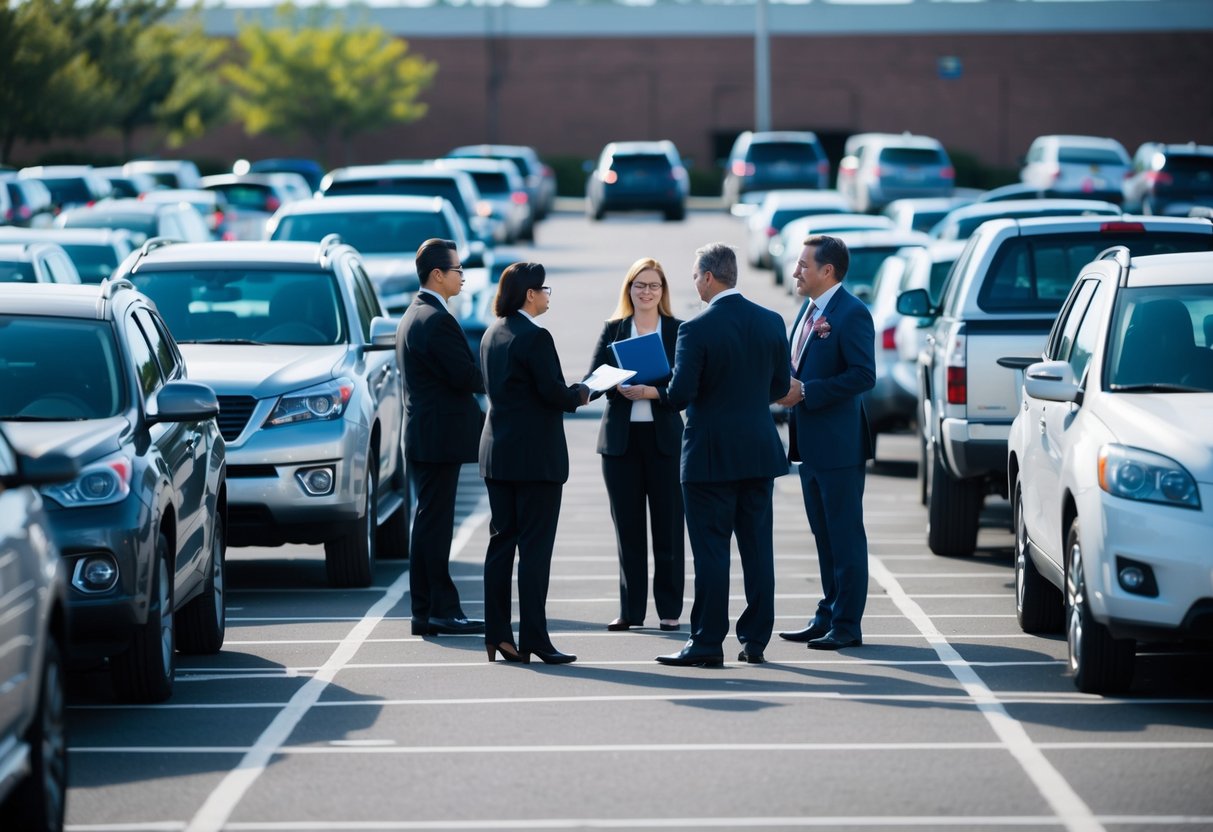 Un parking animé avec plusieurs véhicules entrant et sortant, tandis qu'un groupe de professionnels discute de questions juridiques et de potentielles offres pour des contrats de gestion de stationnement public.