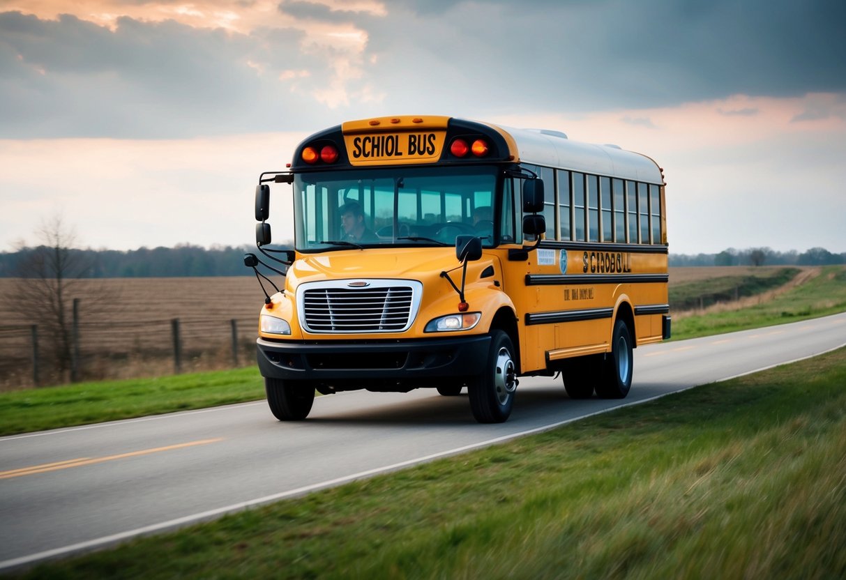 Un bus scolaire naviguant à travers un paysage rural, avec des caractéristiques innovantes et des adaptations pour répondre aux besoins spécifiques de la communauté locale.