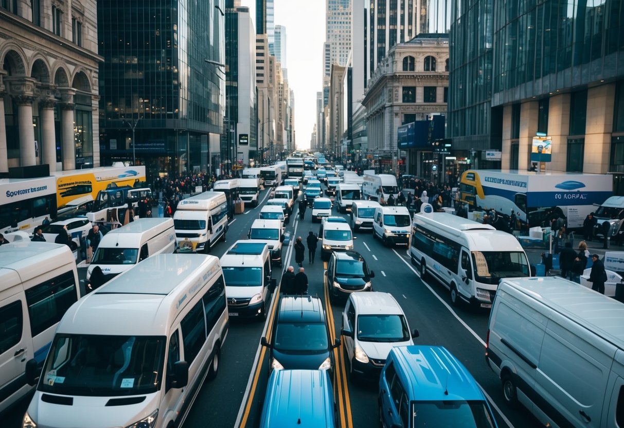 Une rue animée de la ville avec diverses entreprises de transport présentant leurs véhicules et services à des clients potentiels lors d'un événement d'approvisionnement public.