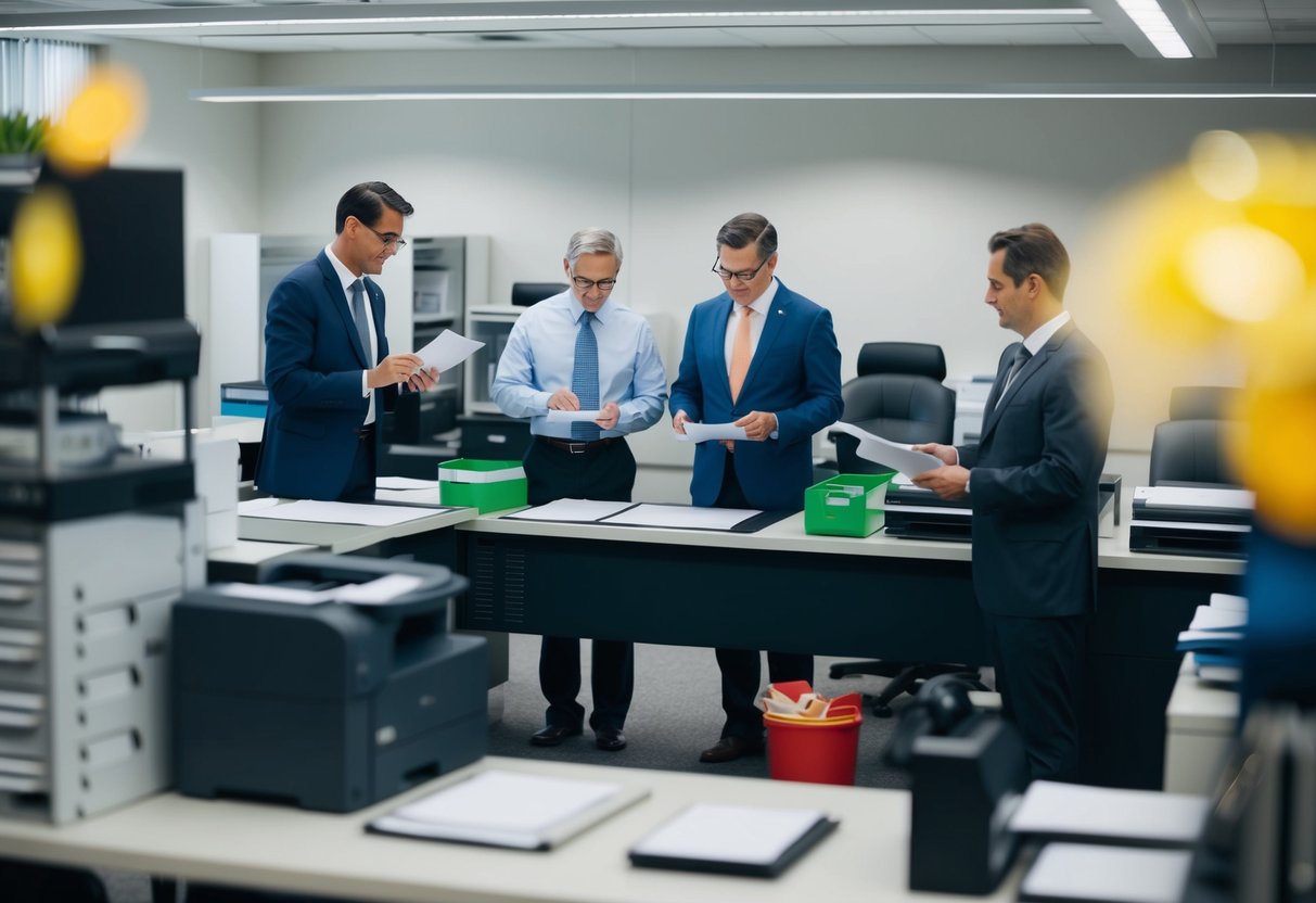 Un bureau gouvernemental animé où des fonctionnaires examinent des propositions d'impression et de reprographie, tandis que des fournisseurs présentent leurs services.